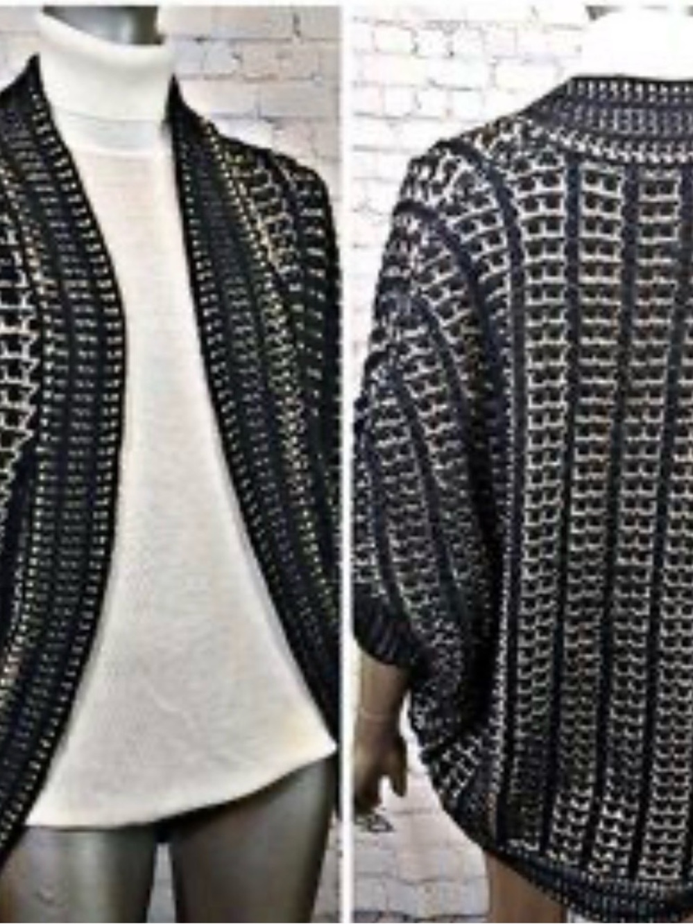 Joan Vass Black and White Open-Weave Wool Blend Knit Cardigan